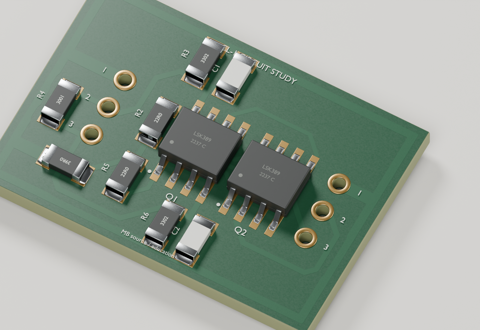 Rendered close-up of the source-derived JFET board.